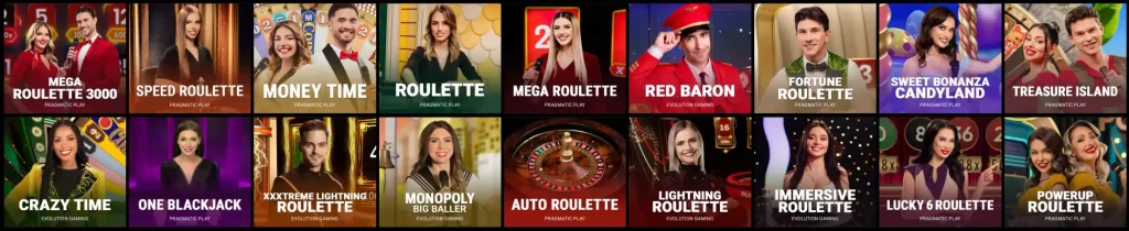 Voodoo Dreams Casino Live Casino Lobby with roulette, blackjack and game show titles