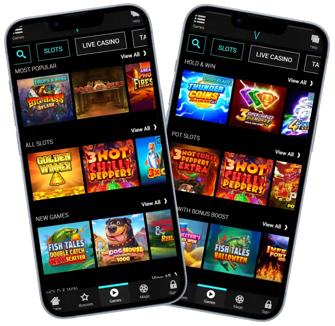 Voodoo Dreams Casino mobile interface showing slot games, categories and game lobby on smartphones