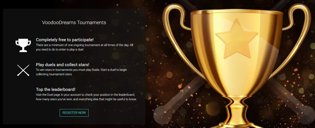 Voodoo Dreams Casino tournament promotion with leaderboard, duels and trophy rewards