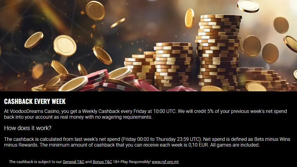 Voodoo Dreams Casino Weekly Cashback promotion with coin stacks and reward information